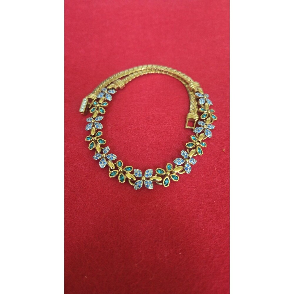 Swarovski Signed Blue Teal Crystal Quatrefoil Flower Gold Plated Necklace Estate - Picture 15 of 15